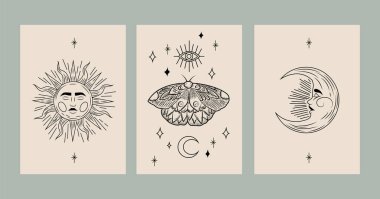 Güneş ve yüzleri olan iki ay. Göksel tasarım.