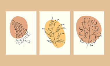 Botanik duvar sanat vektörü ayarlandı. Soyut şekilli dünya tonlarında boho yaprağı çizimi.