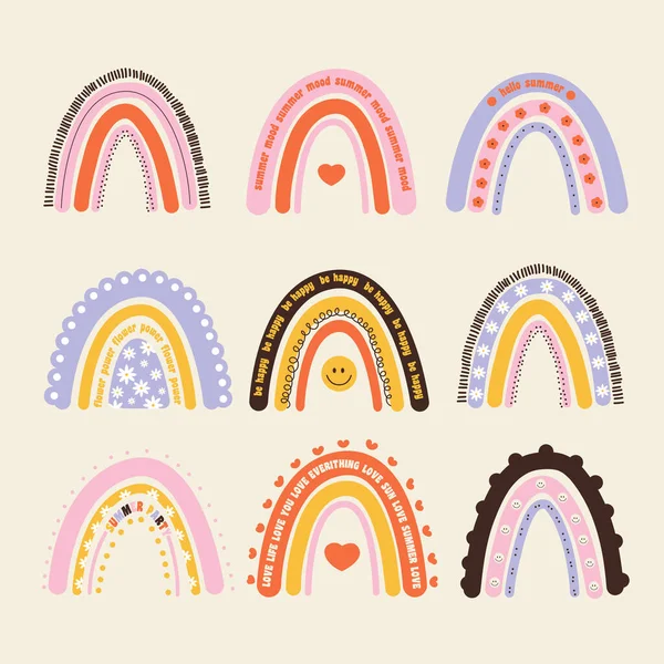 Gökkuşağı bohem baskı seti, soyut gökkuşağı vektörü, bebek odası vektörü, soyut çocuk illüstrasyonu.