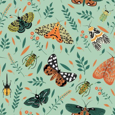 El çizimi kelebekler. Renkli vektörsüz desen.