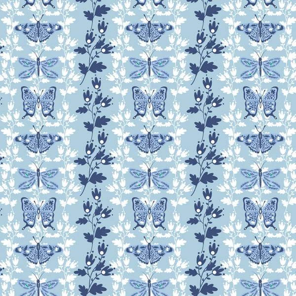 Bezešvé Vzory Motýly Květinami — Stockový vektor