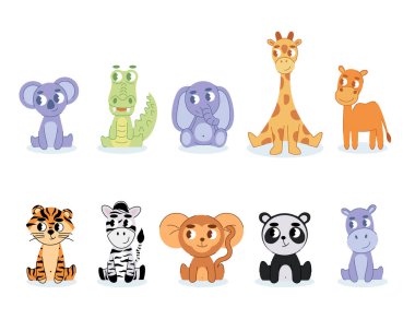 Şirin vahşi Afrika safarisi hayvanları. Aslan, zürafa, fil, kertenkele, kaplumbağa, iguana, zebra, timsah, kivi kuşu dahil. Beyaz arkaplanda izole edilmiş, İskandinav tarzında karalama karakterleri