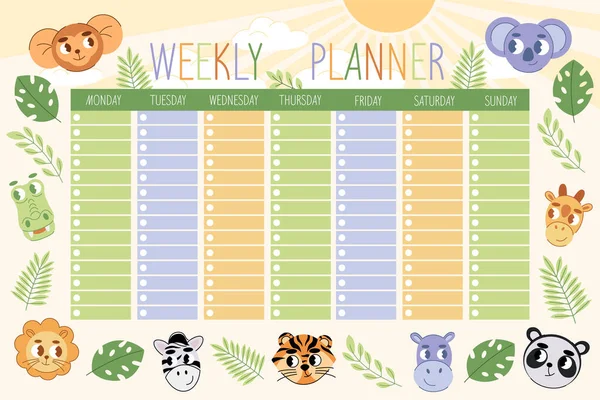 Planeador Semanal Para Miúdo Calendário Infantil Para Semana Com Animais —  Vetores de Stock