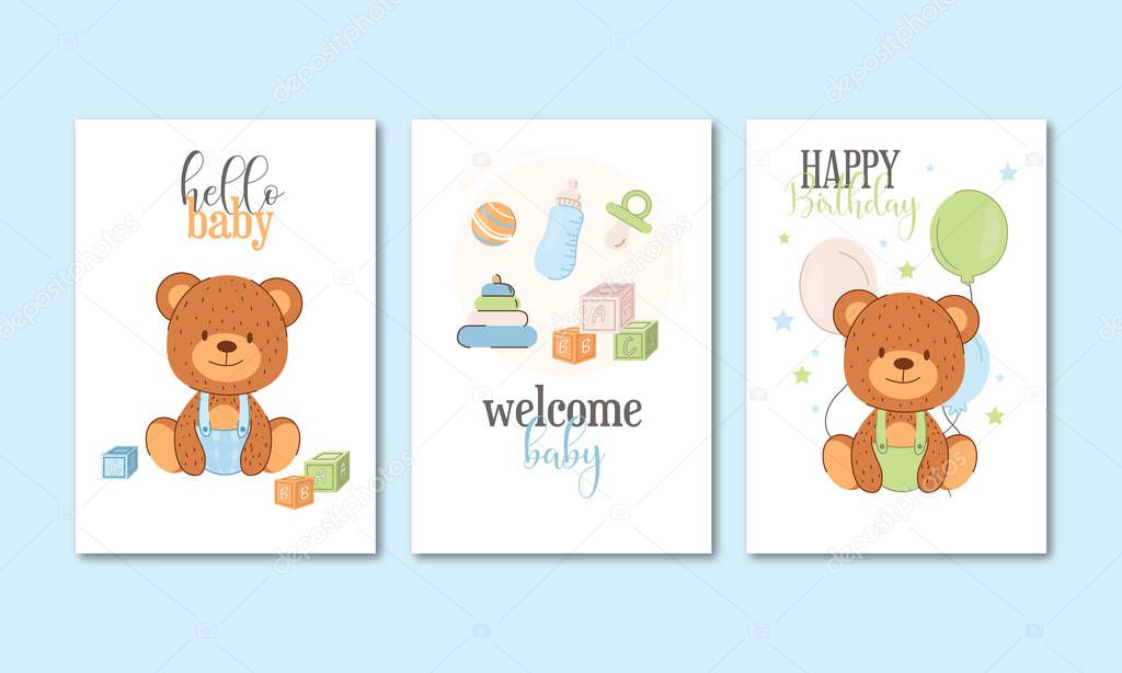 Cute baby boy little bear on blue background with stars and hearts. Hello baby, its a boy, little man. Greeting cards for baby shower party set.