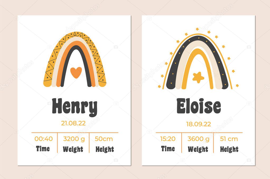 A set of childrens posters, height, weight, date of birth. Vector illustration on mint and pink background. Illustration newborn metric for children bedroom.