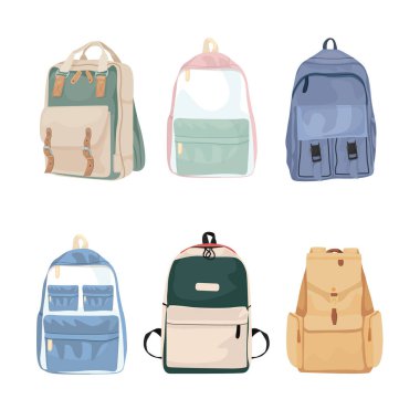 Set of childish school backpacks and schoolbags vector illustration. Collection of various kids bags with stationery, notebooks and textbooks isolated on white. Stylish accessories different shapes