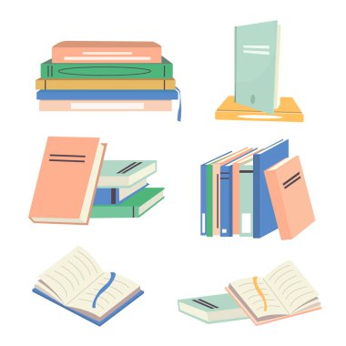 Stacks of books for reading, pile of textbooks for education. Set of literature, dictionaries, encyclopedias, planners with bookmarks. Colored flat vector illustration isolated on white background