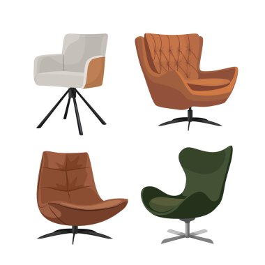 Armchairs set, compy sofa and office chair. Different types of sitting places. Modern design, simple doodle vector illustration