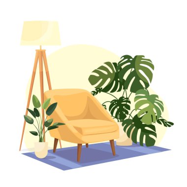 Interior design with armchair, candles, vase and wall posters. Cozy chair, mat and framed pictures. Home room in minimalist style. Colored flat vector illustration isolated on white background