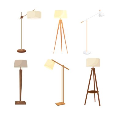 Set of cartoon lamps, floor and table torcheres with different lampshades on long and short stands.