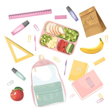Big set of school supplies. Hello school lettering. Little cute girl is going to study