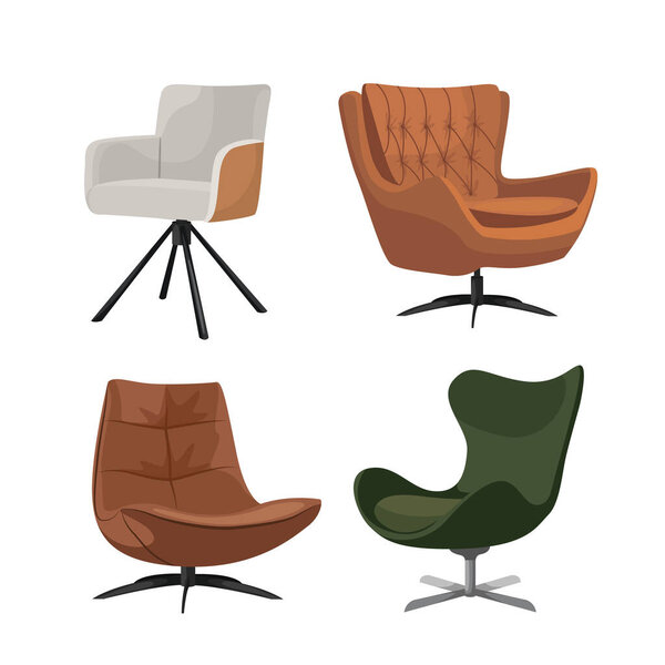 Набор кресел, компактный диван и офисное кресло. Разные типы сидений. Современный дизайн, простые каракули векторные иллюстрации