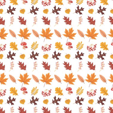 Meşe palamudu ve turuncu, bej, kahverengi ve sarı meşe yapraklı kusursuz desen. Duvar kağıdı, hediye kağıdı, şablon dolguları, web sayfası arkaplanı, sonbahar tebrik kartları için mükemmel.