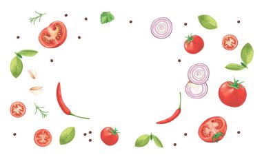 Pizza margarita ingredients frame. Hand drawn tomatoes, basil and mozzarella. Italian food design template. Menu background. Fresh pizza package design