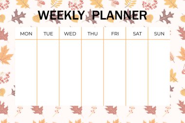 Rahat sonbahar haftalık planlayıcısı ve sonbahar elemanları süs ile liste yapmak. Gündem, planlamacılar, denetim listeleri ve diğer çocuk kırtasiye malzemeleri için şirin şablon