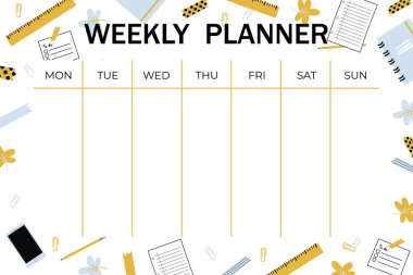 Weekly planner template. Organizer and schedule with place for Notes. Vector illustration. Cute and trendy