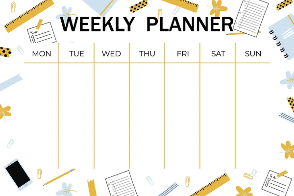 Weekly Planner Template Organizer Schedule Place Notes Vector Illustration Cute — 스톡 벡터