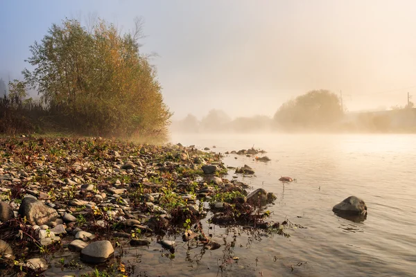 Horizontal river pebble beach in Foggy morning — Stock Photo, Image