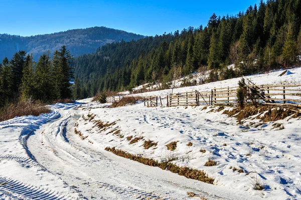 Clôture par la route de la forêt enneigée dans les montagnes — Photo