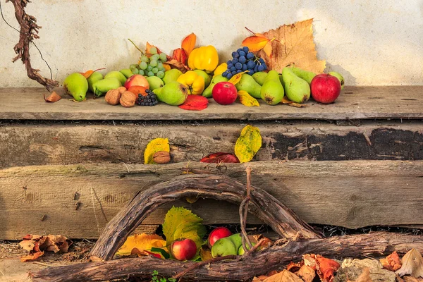 Høststille liv med frukt på blader om bord og vinstokker bak – stockfoto