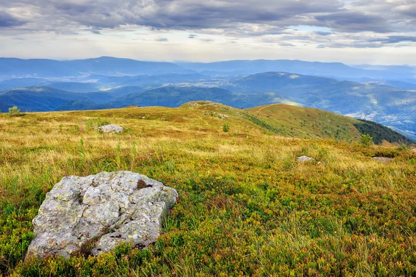 Horská krajina s kameny v trávě na svahu kopce a modrá — Stock fotografie