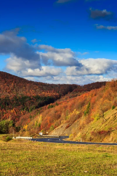 Route s-courbe le matin au pied de la montagne avec rouge et jaune — Photo