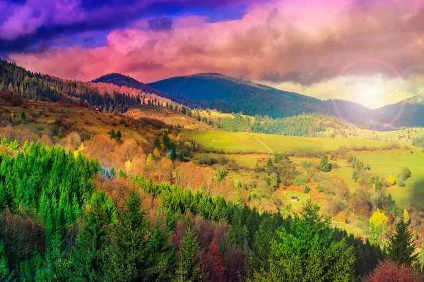 Faisceau lumineux tombe à flanc de colline avec forêt d'automne en montagne — Photo