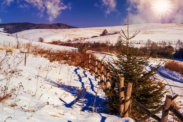 Fence by the road to snowy forest in the mountains — Stock Photo, Image