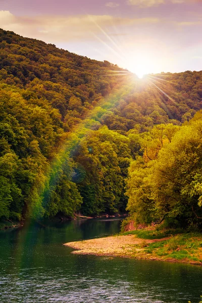 Río fluye por la orilla rocosa cerca del bosque de montaña de otoño —  Fotos de Stock