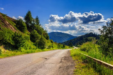 Sabah bulutlu gökyüzü ile iğne yapraklı orman yakınlarındaki dağ yolu