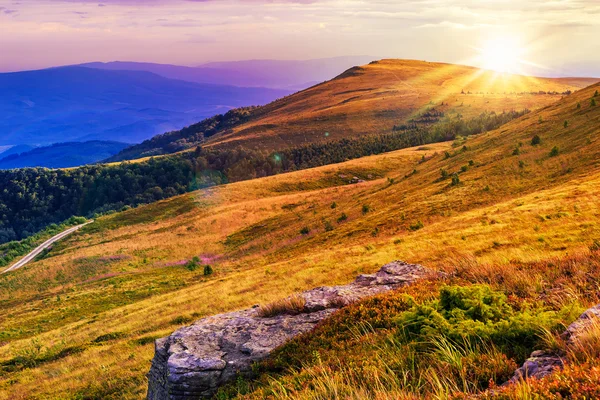 light on stone mountain slope with forest