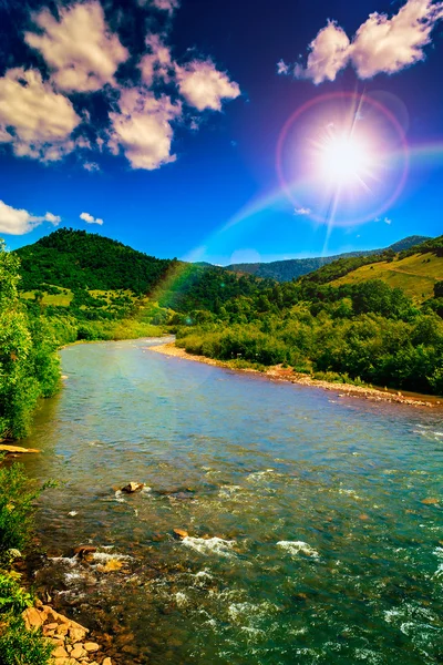 Дикая горная река в ясный летний день — стоковое фото
