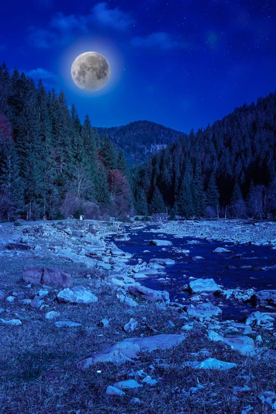 Fluss felsiges Ufer in der Nähe des Berges im Mondschein — Stockfoto