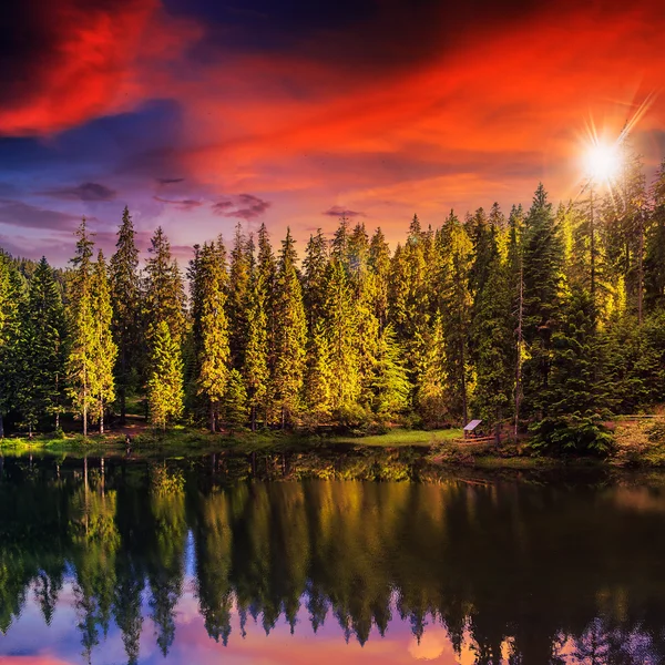 Montanha lago na floresta de coníferas no pôr-do-sol vermelho — Fotografia de Stock