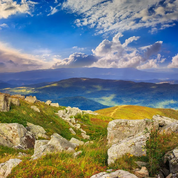 Luce sul pendio di montagna in pietra con foresta — Foto Stock