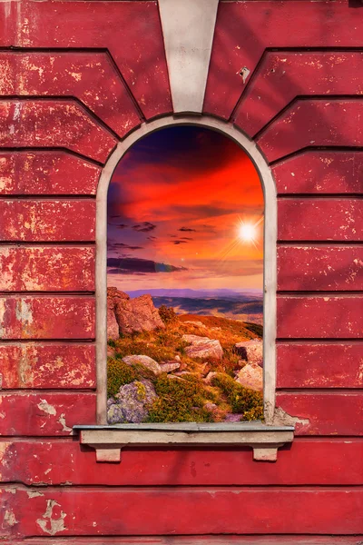 Old window frame with picture — Stock Photo, Image