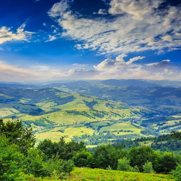 Aldeia no prado de encosta com floresta em montanha — Fotografia de Stock