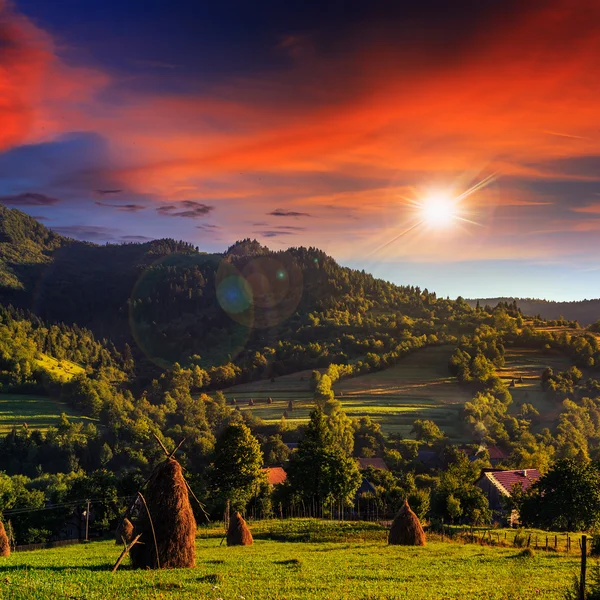 Veld in de buurt van huis bij zonsondergang — Stockfoto