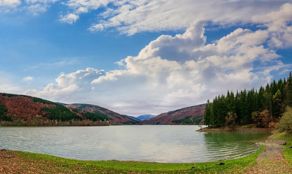 Bosque de pinos y lago cerca de la montaña temprano en la mañana — Foto de Stock