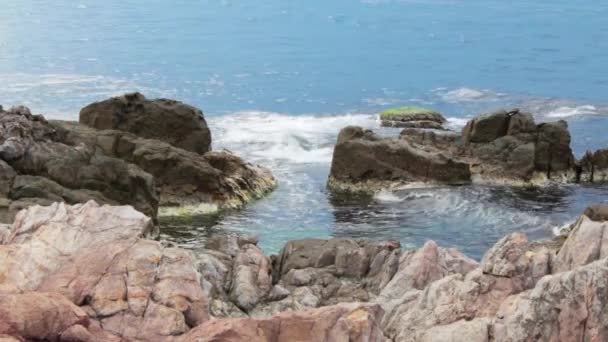 Sea wave breaks about boulders — Stock Video