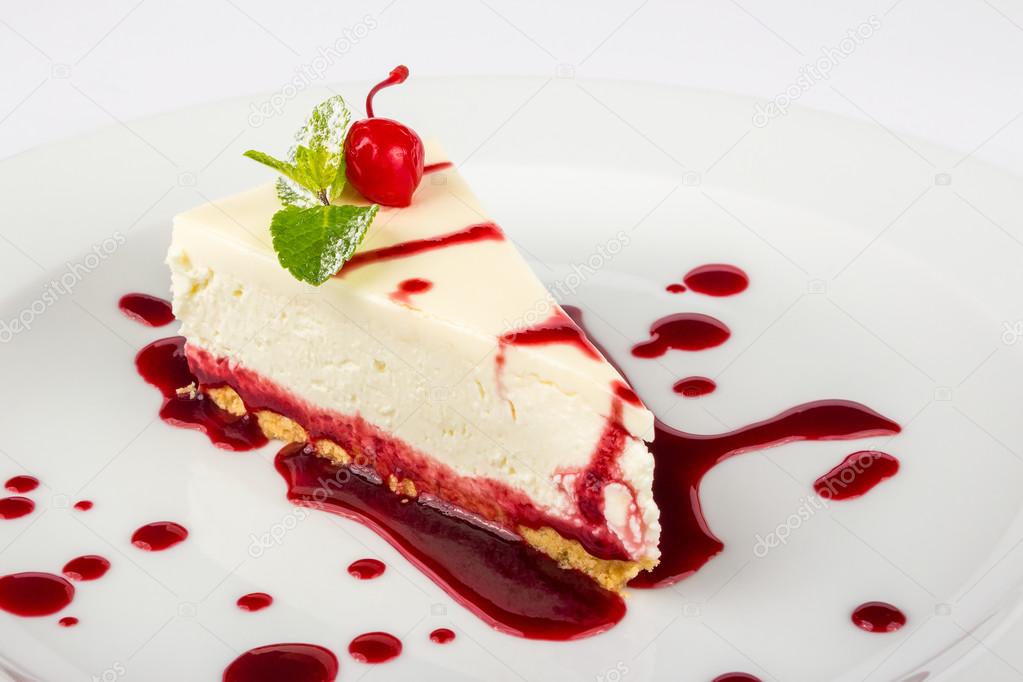classic cheesecake in a raspberry