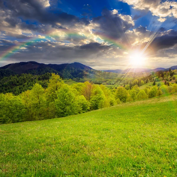 Yeşil çimenlerin üzerinde günbatımında dağ çayır hillside — Stok fotoğraf