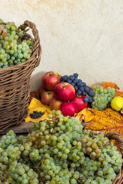 Autumnal still life with fruit and leaves on a wooden base — Stock Photo, Image