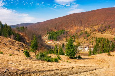 Dağlarda sonbahar manzarası. Tepedeki yeşil ladin ağaçları ve sonbahar yaprakları uzaktaki kayın ormanları. Parlak güneşli bir günde sıcak hava ve gökyüzünde yumuşak bulutlar.