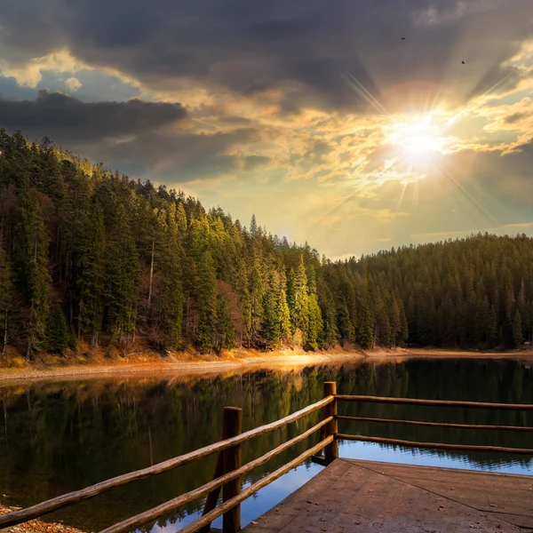 Sosnowego lasu i jeziora w pobliżu góry na zachodzie słońca — Zdjęcie stockowe