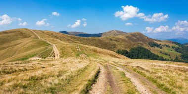 Dağın yamacını saran turist yolu. Sonbaharın başlarında güneşli bir günde çimenli alp çayırlarıyla karpatya manzarası