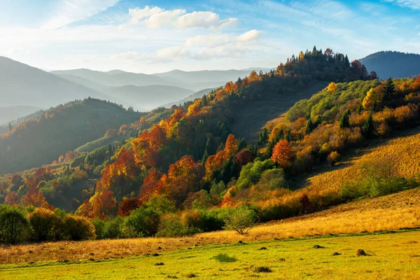 秋天的山地乡村 山上五彩斑斓的森林 山脉在天空下的距离 有着美丽的云彩景观 下午阳光下美丽的自然景观 — 图库照片