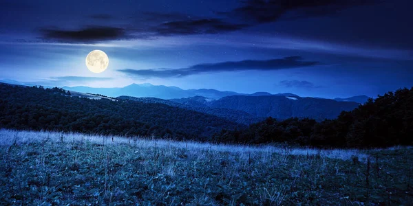 夜のカルパチア山脈の夏の風景 満月の光の中で美しい景色 ブナ林や高山草原が丘の上にあります 劇的な空の雲 — ストック写真