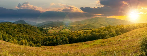 Karpaternas Landsbygd September Vid Solnedgången Vackert Bergslandskap Med Gräsfält Böljande — Stockfoto