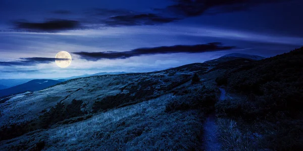 登山道を登って遠くの山頂まで夜間に 満月の夏の美しい山の風景 空の雲 田舎の概念を — ストック写真